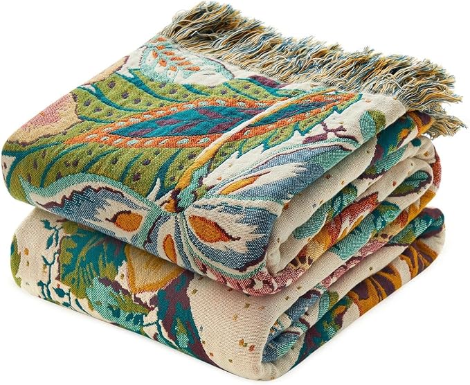 LUTBM Boho Throw Blanket for Couch 50"x60", Cotton Decorative Bed Throw | Reversible Botanical Floral Jacquard, All-Season, For Chair Sofa Living Room, Lightweight & Breathable Throws, Home Decor