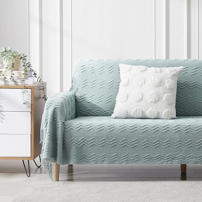 BOURINA Aqua Throw Blanket 50x90 Inch Boho Knitted Soft Throw Sofa Blanket | Knitted Throw Blanket 50x90 Inches, Soft Lightweight Boho Weave Throw Decorative Couch Blanket for Living Room Bed Runner