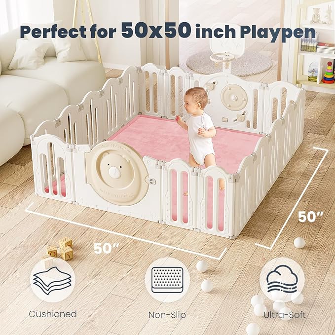 ACOMOPACK 1.3" Thick Baby Play Mat for Floor,50x50 Elasti-Foam Playpen Mat for Kids,Infants,Toddlers, Ultra Soft Crawling Mat with Non-Slip Bottom,Tummy Time,Nursery Rug,Yoga,Tatami（Pink）