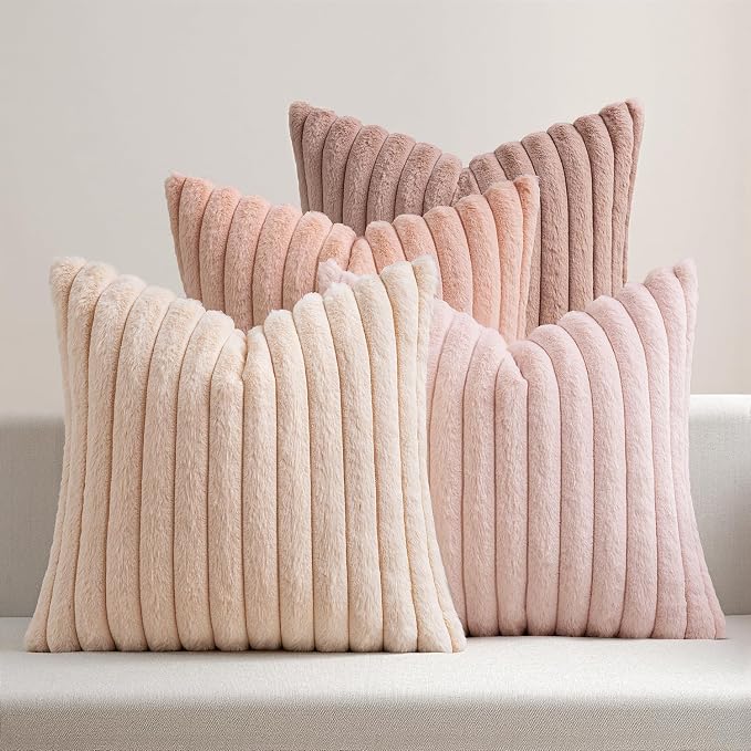 MIULEE Faux Fur Plush Decorative Throw Pillow Covers 16x16, Pink | Set of 4, Striped, Soft Cute Romantic Modern Cozy Home Decor, Cushion Cases for Sofa Couch Bed Living Room