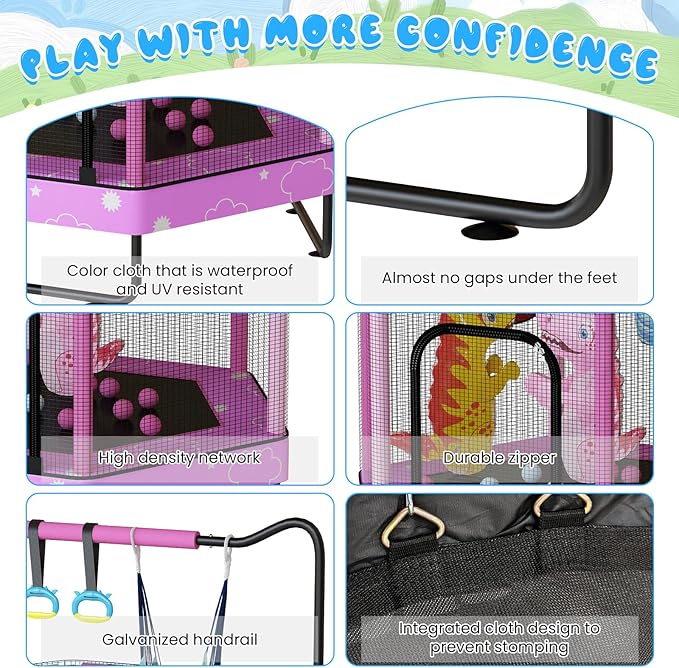 LAMERGE 55" 7-in-1 Round Trampoline for Kids Boys & Girls Ages 1-8, Indoor & Outdoor Trampoline for Fun, Adjustable Height Handrail ＆ Enclosed Safety Net ＆ Durable Designs for Toddlers Children