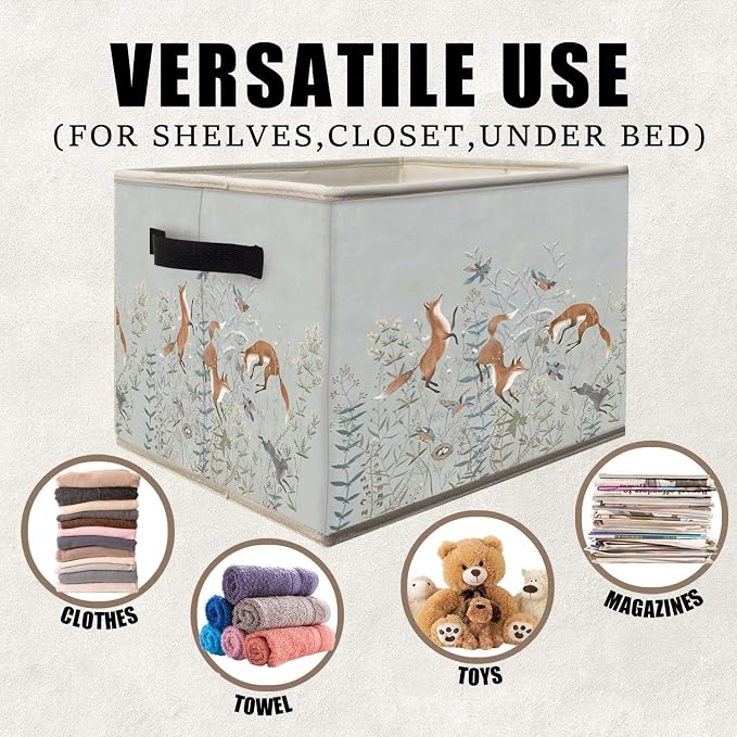 Forest Animal Fox Rabbit Storage Bins Basket, Fox Lover Gifts, Cottagecore Botanical Floral Bird Collapsible Fabric Storage Box Organizer Toybox for Bedroom Bathroom Clothes Books Toys