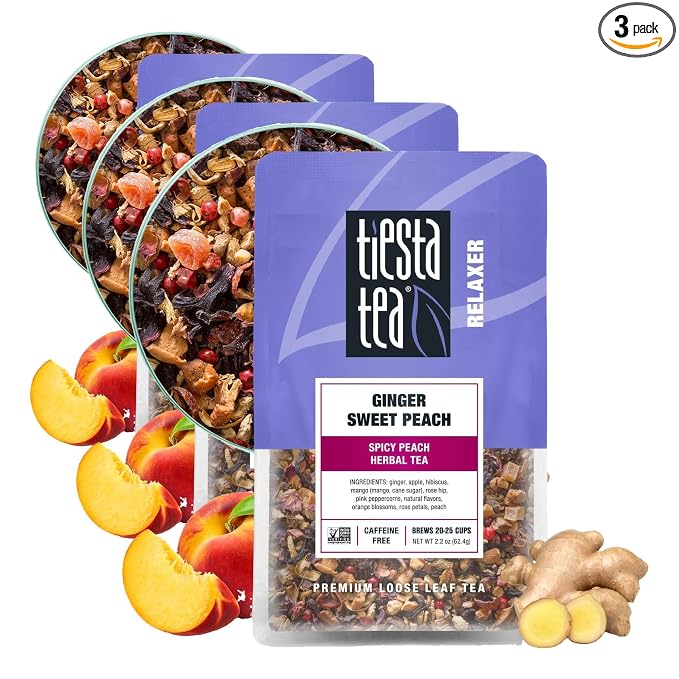 Tiesta Tea - Ginger Sweet Peach, Loose Leaf Spicy Peach Herbal Tea, Non-Caffeinated, Hot & Iced Tea, 2.2 oz Pouch - 25 Cups, Natural Flavored, Stress Relief, Herbal Tea Loose Leaf Blend (Pack of 3)