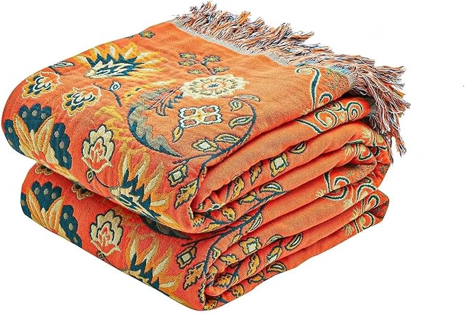 XIBLC Boho Throw Blanket, 100% Cotton Ultra Soft Luxury Throw Rustic Quilt, 60"x80" Floral Printed Farmhouse Decor Bed Summer Blankets, All Season Rustic Reversible Bohemian Throw for Bed - Orange