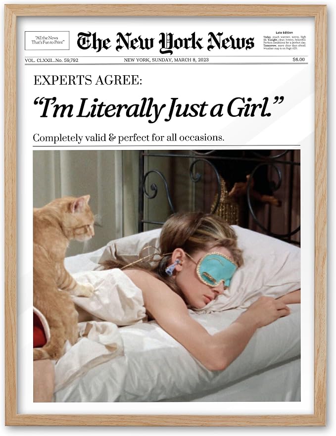 EcoHest 8x10 in Audrey Hepburn I'm Literally Just a Girl Framed Wall Art | Natural Oak Wood Frame with Canvas Wall Art, Vintage Newspaper Wall Decor for Bedroom, Bathroom, Apartment, Dorm Room, 1Pack