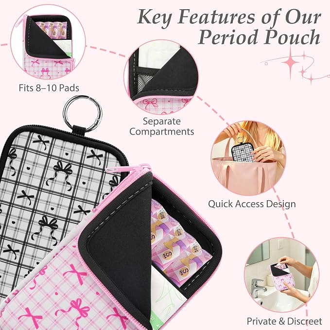 KJQJLY 2 Pack Portable Tampon Organizer Bag Tampon Holder & Storage Case with Zipper for Travel, Discreet Period Bag for Purse, Waterproof Feminine Products Pouch for Women (Bows)