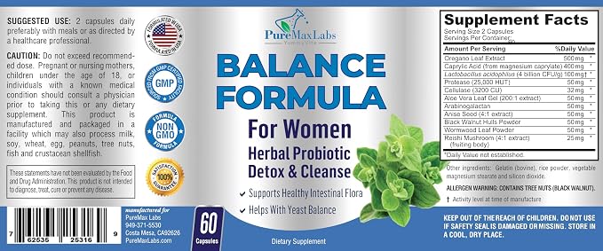 YUMMYVITE Balance Complex for Women - for Vaginal Health, Herbal Detox & Cleanse, Vaginal Probiotics, Supports Healthy Intestinal Flora, Helps with Yeast Infections 60 Capsules