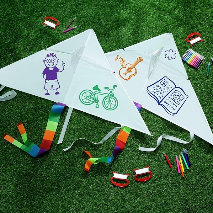 Libima 50 Pcs DIY Blank Kites for Kids Bulk Large Kite Making Kit Easy to Fly Set Party with Watercolor Pens and String Decorating Coloring Party Set for Craft Outdoor Games (Triangle)