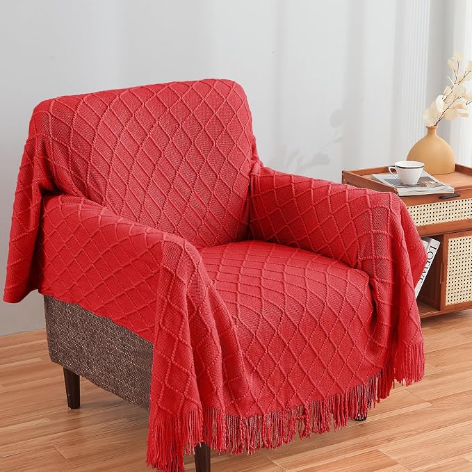 inhand Red Knitted Throw Blanket for Couch and Bed, 50"x60" | Gifts for Mom from Daughter Son, Soft Lightweight with Tassels, Farmhouse Warm Decorative Blanket for Women, Cozy Knit