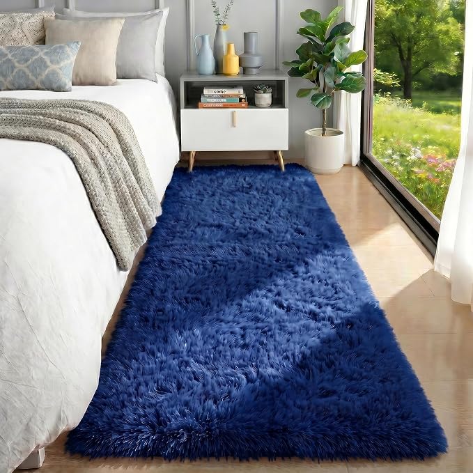 Navy Blue Rugs for Bedroom, Living Room 2x6 Ft, Fluffy Runner Rugs, Plush Hallway Carpet, Soft Shaggy Long Bedside Rugs, Floor Boys Room Dorm Rug Kids Nursery Playroom Navy Room Decor Aesthetic
