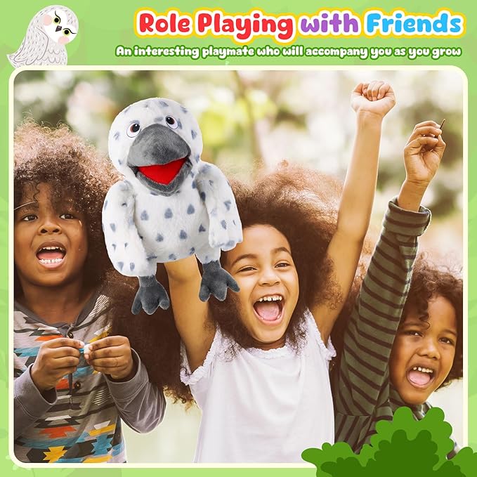 Animal Hand Puppets 11 Inch Bird Plush Toucan Owl Eagle Parrot Flamingo Peacock Puppet Toys Role-Play Puppets for Kids Storytelling Imaginative Pretend Play Teaching Preschool(Owl)
