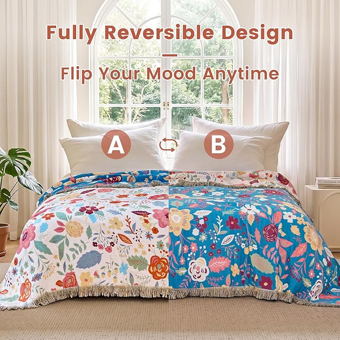 MSGKV Boho Throw Blanket 50"x60" Summer Cotton Floral Blanket for Couch | Muslin Throw, Floral Pattern, Reversible Woven, Lightweight Comfort, Farmhouse Decor, All Seasons, Machine Washable