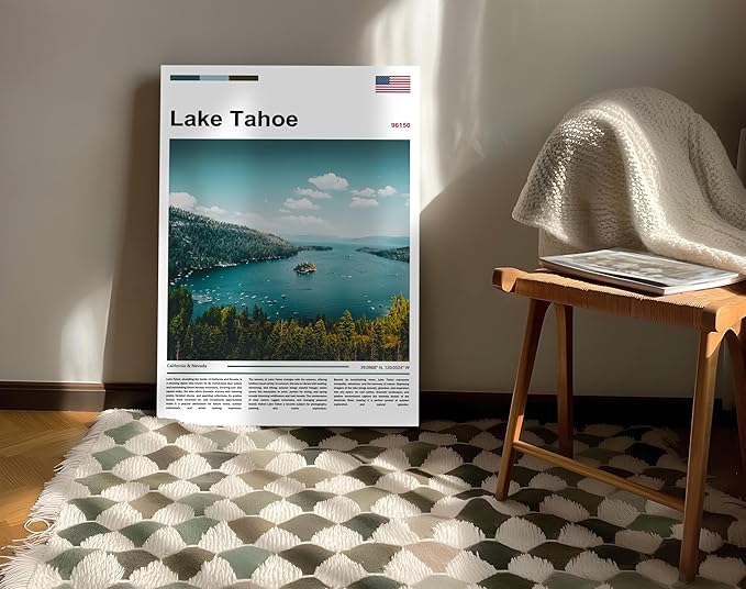 Poster Lake Tahoe Wall Art Original Design(24"x16" Metal Frame) Emerald Bay California Nevada Landscape Print Sierra Nevada Mountains Nature Scenery Alpine Lake View Travel Photography Picture