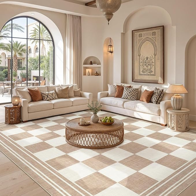 cotiled Washable Area Rugs 8x10 Living Room | Non Slip Backing, Stain Resistant, Pet Friendly, Large Neutral Soft Indoor Carpet For Bedroom, Nursery, Office, Khaki/Brown