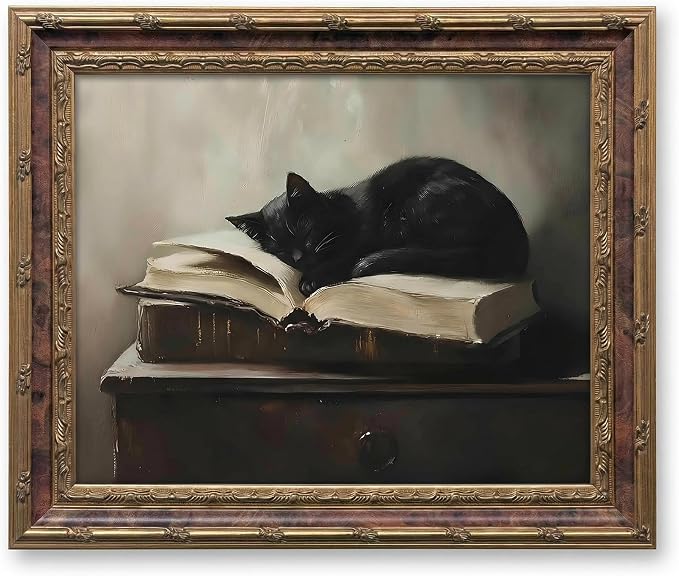 Vintage Moody Gothic Black Cat Wall Art, Dark Academia Cat Canvas Print, | Sleeping Cat on Antique Books Painting Poster, Literary Picture Wall Decor for Living Room Bedroom Office 16x24 In