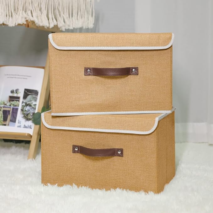 ANMINY Fabric Storage Box Bins with Lids, Khaki, 15"x10"x10", 2 Pack | Keepsake Memory Storage, Cotton Linen, PP Board Reinforced, Washable, PU Handles, Foldable & Stackable, Decorative, Large