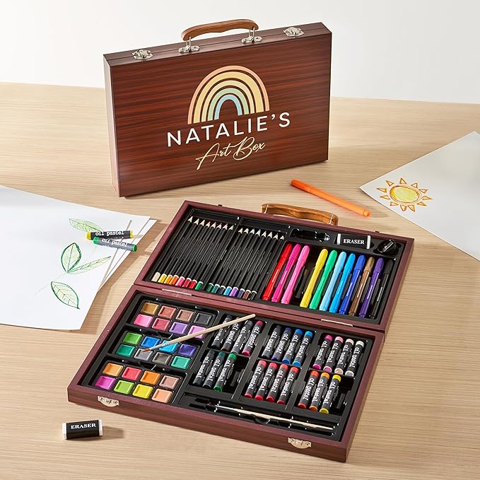 Let's Make Memories Personalized 80-Piece Deluxe Art Set - for Kids - Wood Carrying Case - Oil Crayons, Colored Pencils, Watercolors - Arts & Crafts - Palette Design - Add Name - Colorful Rainbows