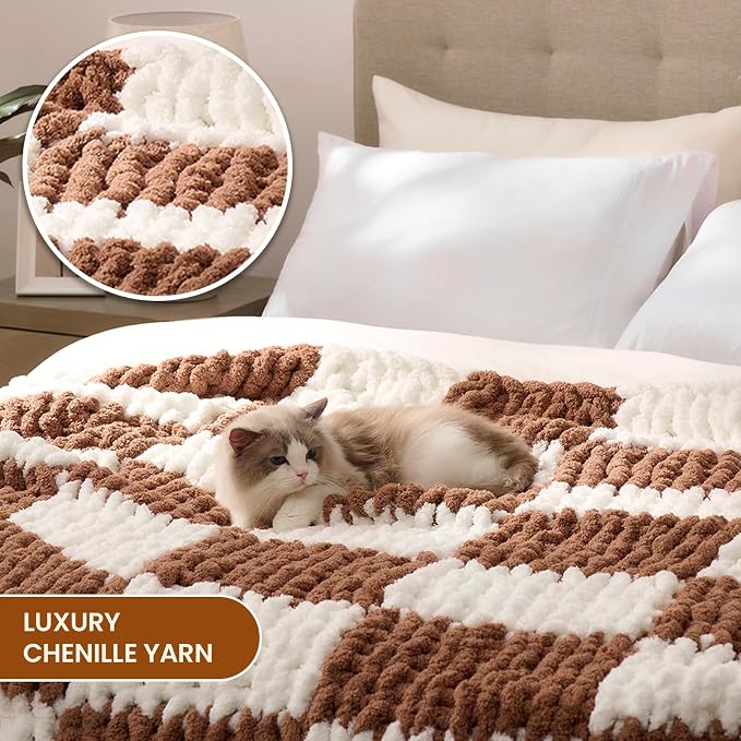 L'AGRATY Chunky Knit Throw Blanket for Couch 60 x 80 Inches Brown Checkered | Handmade Chenille Crochet Blanket for Sofa Bed, Thick Cable Knitted Blankets for Room Home Decor, Birthday Gift for Women Mom