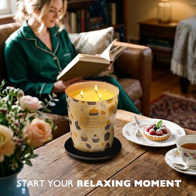 HomeLights Soy Wax Candles for Home Scented, 3-Wick Candles in Whipped Vanilla Cake Scented, Rustic Modern Aromatherapy Candles Gift for Parties, Relaxing, 34oz