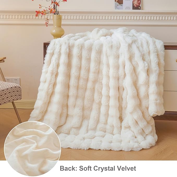LIFEREVO Luxury Fluffy Faux Rabbit Fur Throw Blanket 60x80, Beige | Plush Bubble Lap Throw for Couch Sofa Office, Soft Cozy Furry Ivory Bed Blanket Home Decoration, Washable & Skin-friendly