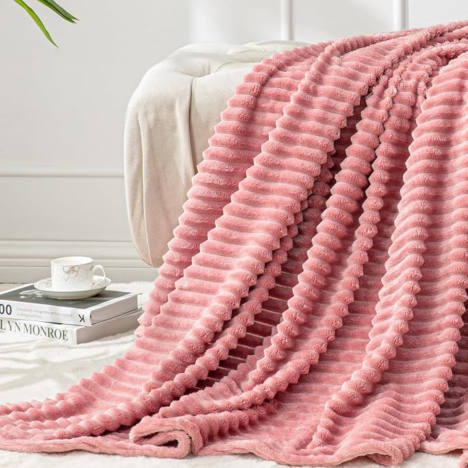 BEDELITE 3D Ribbed Jacquard Pink King Size Blankets for Bed, 108x90 Inch | Soft Warm Decorative Fluffy Blanket, Cozy Fuzzy Lightweight Plush Fleece Throw Blankets for Bed, Room Decor, Gift for Women