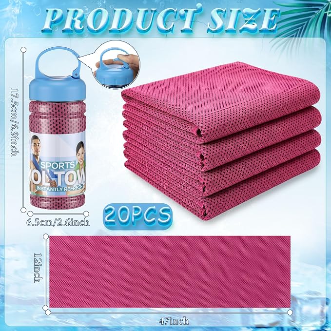 Honoson 20 Pcs Cooling Towels for Neck and Face, 47"x12" Sports Breathable Ice Towels Microfiber Chilly Sweat Rags with Portable Bottle for Gym Golf Athletes Yoga Workout Hot Weather (Rose Red)
