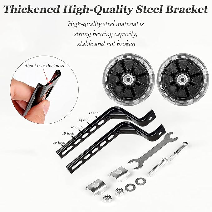 Training Wheels for Children's Bicycle Stabiliser Flash Mute Wheel Bicycle Stabiliser Mounted Kit for 12 14 16 18 20 Inch Bike, 1 Pair (Black)