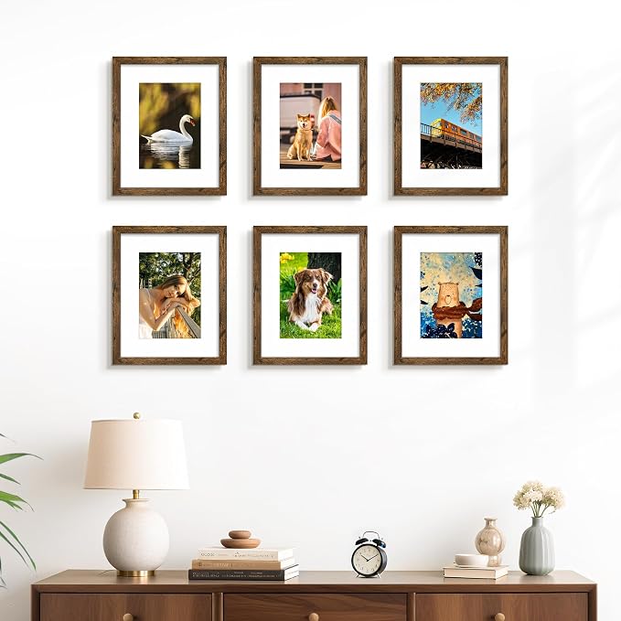 8x10 Picture Frame Set of 6, Wall or Tabletop Display, Rustic Brown | Display Pictures 5x7 with Mat or 8x10 Without Mat, Horizontal or Vertical, Gallery Wall Frame Set, Wedding Birthday Gifts