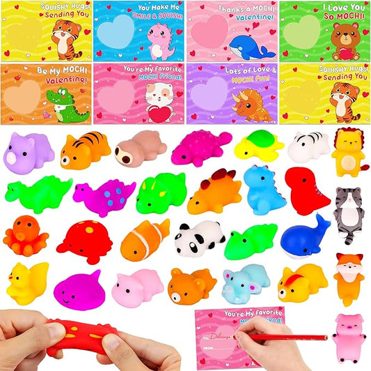 28 Pack Kids Valentines Day Cards with Cute Mochi Squishies Valentines Day Gifts for Kids Classroom, Valentines for Kids School Valentines for Class Exchange Cards Prizes Party Favors for Boys Girls