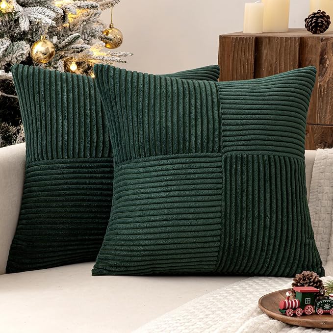 MIULEE Army Green Decorative Throw Pillow Covers for Couch 18x18 Inch | 2 Pack, Boho Farmhouse Pillow Covers, Soft Cross Corduroy Patchwork Textured Cushion Cases For Bed Sofa