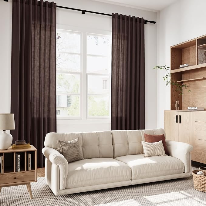 Nanspring Linen Curtains 84 Inch Long, Coffee Brown, 2 Panels 52x84 | Living Room, Back Tab, Light Filtering, Bedroom Office Window, Modern Farmhouse Decor