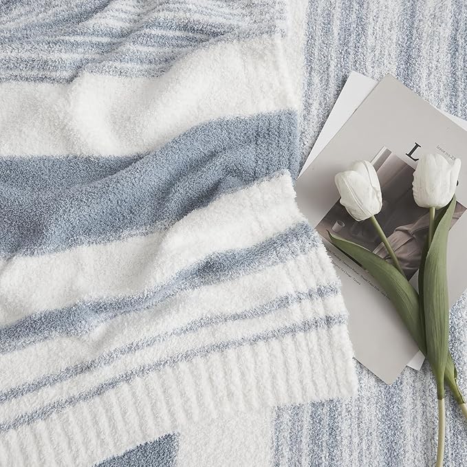 Soft Throw Blanket for Couch-Cozy Reversible Knitted Blankets | Lightweight Warm Fluffy Decor for Women, Mom, Her & Girls, Sofa, Chair, Bed, 50x70in, Grey Blue Stripe