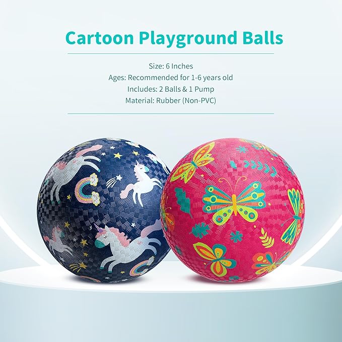 ZOOJOY Pack of 2 Cartoon Playground Balls for Kids 1-6, 6 Inch Rubber Balls for Dodgeball, Rubber Bouncy Kickball, Indoor & Outdoor Game Gaga Balls for Boys Girls with Pump