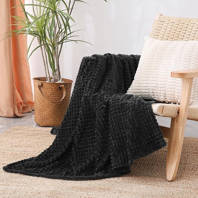 Puncuntex Fleece Throw Blanket Black 50"×60" with Square Grid Design | Super Soft Plush Cozy Flannel Throw Blanket Luxury for Couch Sofa Chair