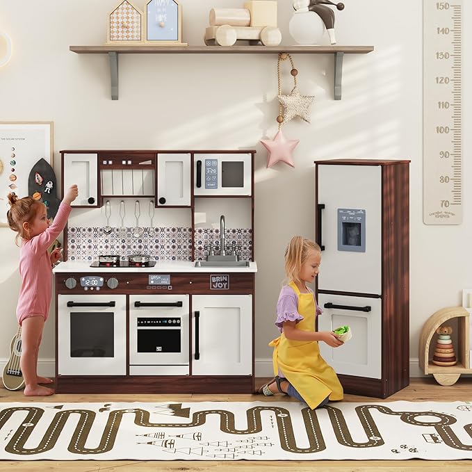 BRINJOY 2-Piece Kids Kitchen Playset, Wooden Play Kitchen Set for Toddlers, Modular Pretend Play Kitchen w/Light&Sound Stove Oven, Large Kitchen Cooking Toy w/Refrigerator, Gift for Girls Boys