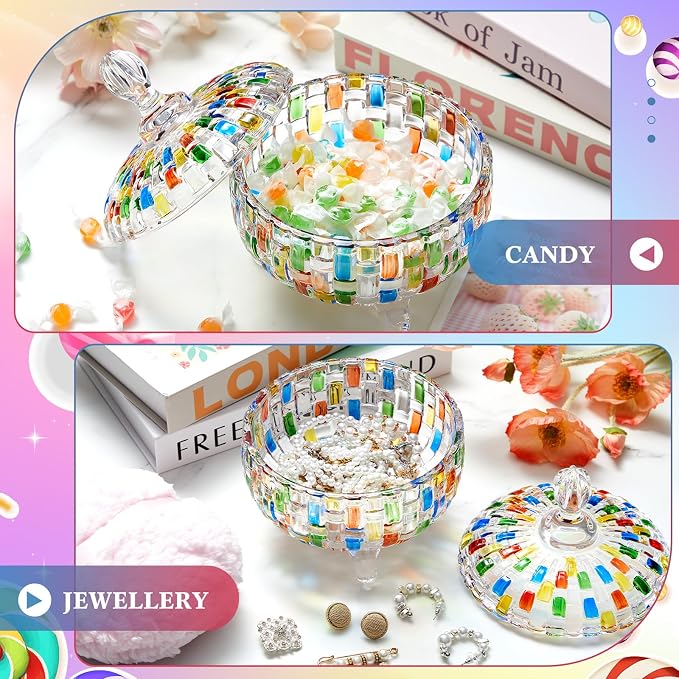 Tioncy 2 Pcs Extra Large Dusting Powder Puff and Container for Women-6'' Glass Crystal Dusting Powder Container with Body Soft Washable Reusable Velour Face(Multicolor,Weave Design)