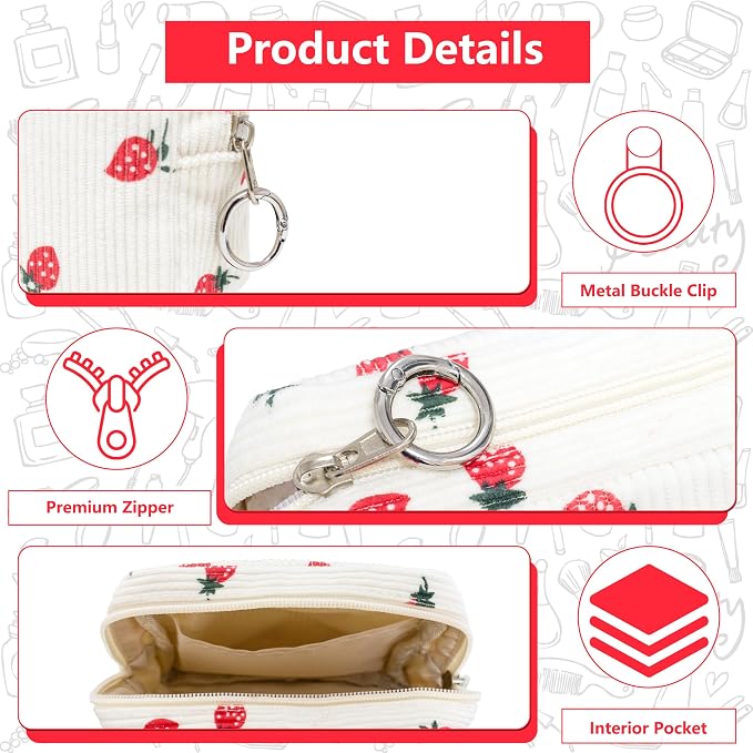 Period Bag for Girls, Corduroy Period Kit with Sanitary Pad Pouch, Menstrual Storage Bag and Tampon Holder for Purse, Girls School Essentials,Feminine Care Organizer(Strawberry)