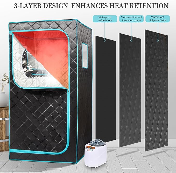 Portable Steam Sauna– Red Light Therapy Home Sauna Tent with 3L & 1500W Steamer, Remote Control Time & Temperature Settings, Foldable Chair Included for Relaxation