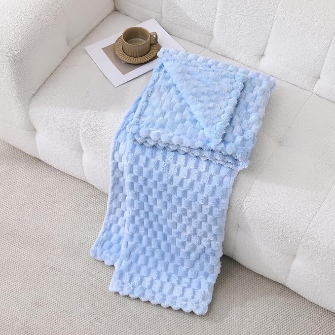 Light Blue Fleece Throw Blanket 50"×60" for Couch Sofa Bed | Super Soft Cozy Plush Microfiber Flannel, 3D Jacquard Lightweight for Mom Woman