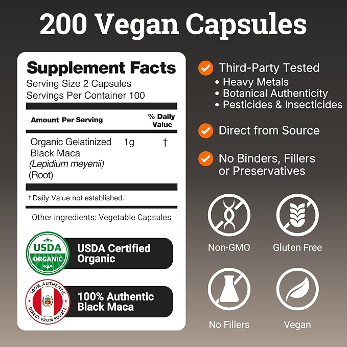 Organic Gelatinized Black Maca -4x Bioavailability 200 Capsules for Men & Women, Energy Supplement for Focus, Performance, Stamina & Endurance, Mood Enhancement, Hormone Balance, Mental Clarity 1000mg