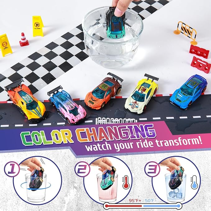 Color Changing Cars Toys Bath Toys for Ages 1-3 4-8 Valentines Day Gifts for Kids Grandkids Boys Birthday Gifts Race Cars Themed Party Favors Valentines Basket Stuffers Sensory Die-Cast Toys