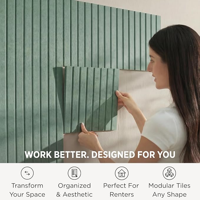 Felt Bulletin Board Tiles 48"x36" - 12-Pack Cork Board Alternative, OEKO-TEX Certified, NRC 0.95 Acoustic Felt Wall Panels, Damage-Free Adhesive, Slatted Design, Home Office & Classroom (Palm)