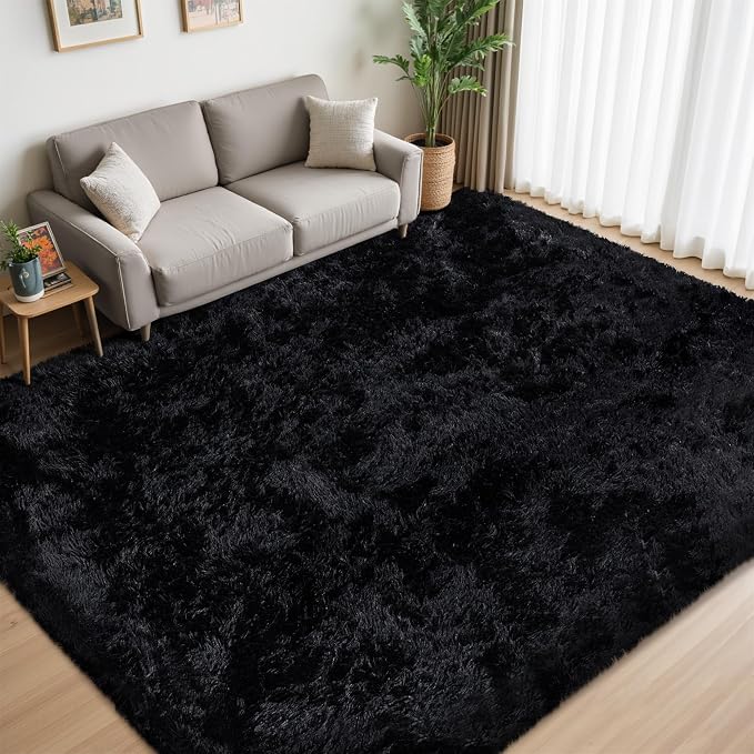9x12 Area Rug for Living Room:Ultra Soft Fluffy Shag Black Rugs,Large Fuzzy Plush Indoor Non Slip Carpet Washable Rug for Bedroom Kids Nursery Office Dorm Modern Decor(Black 8'x10')