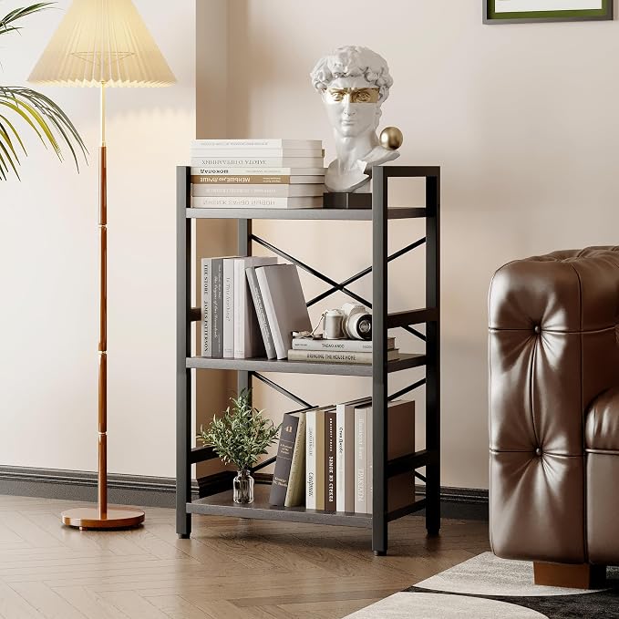 Homeiju Bookshelf, 3 Tier Industrial Bookcase, Metal Small Bookcase, Rustic Etagere Book Shelf Storage Organizer for Living Room, Bedroom, and Home Office(Grey) Patent Pending D29873033