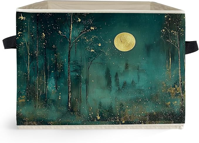 Dark Enchanted Forest Full Moon Storage Box Bins, Mystical Moonlit Night Forest Collapsible Storage Basket Organizer for Bedroom Laundry Room Home Clothes Books, Decor for Room