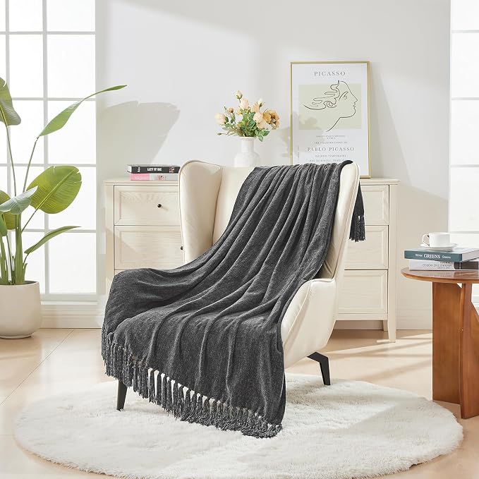CozeCube Chenille Throw Blanket, Charcoal Grey Fringe Blanket, 60"X80" | For Couch, Cozy Plush Fuzzy Decorative Blanket with Fringe Tassels, Lightweight Throws for Bed Sofa Gift Home Decor