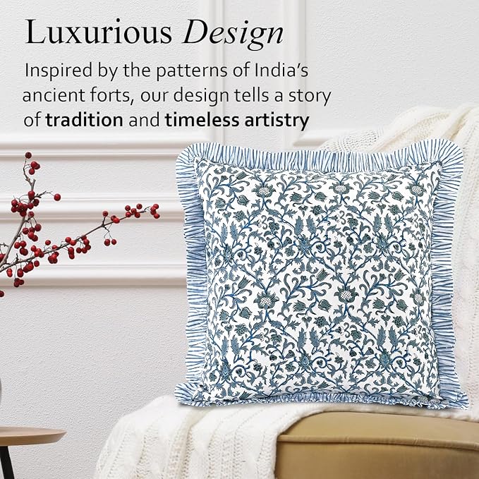 CPC Ocean Vine Hand Block Print 100% Cotton Ruffle Throw Pillow Cover 18x18 inch with Hidden Zipper Decorative for Couch, Bed, Sofa, Farmhouse, Cottagecore Decor Gift Christmas Fall Thanksgiving