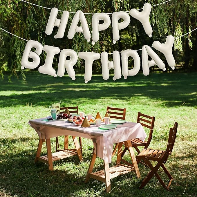 Cream Happy Birthday Balloon Banner, Neutral Beige Happy Birthday Foil Balloon, 16 Inch Ivory White Sand Born Day Bunting Banner Letter Balloons for Men Women Birth Party Decorations Supplies