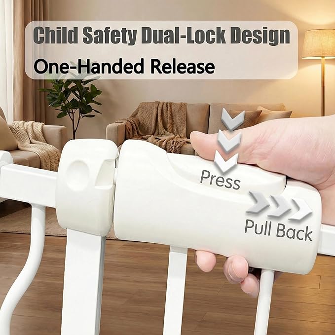 Auto Close Baby & Dog Gate 34-38.5 Inch, Tension Safety Gate Indoor, White Metal, Walk-Through Child Gate for Kids & Pets