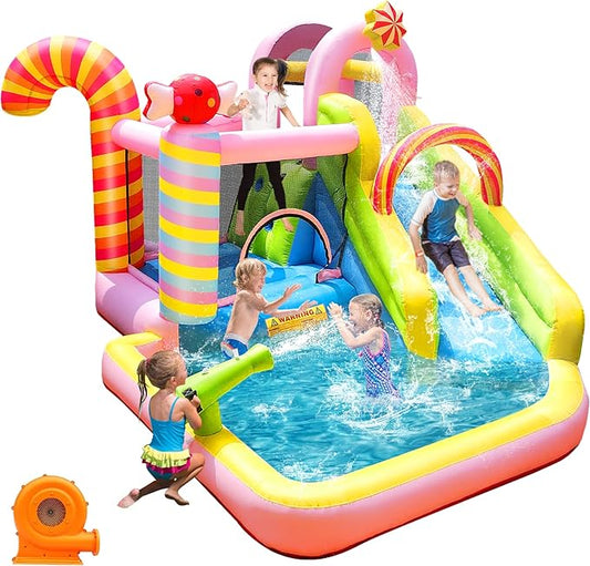 NBSPORT Inflatable Bounce House Water Slide, 6 in 1 Sweet Candy Water Park, Wet Dry Combo Bouncy Castle with 450W Blower, Splash Pool, Water Slide for Kids and Adults Backyard Party Gifts